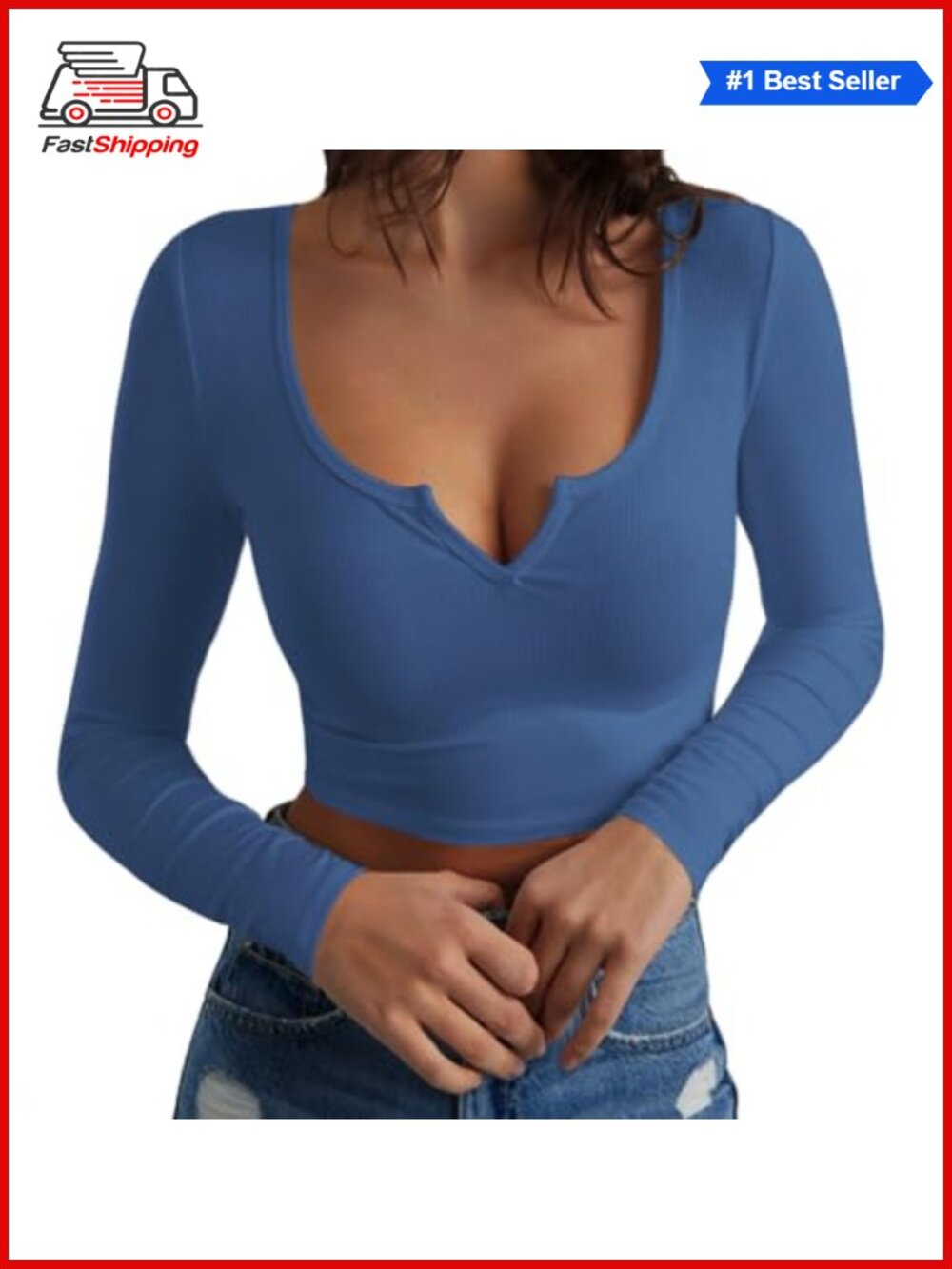 ✨ Artfish Women's Long Sleeve Scoop Neck V Notch Ribbed Slim Fitted Crop Top
